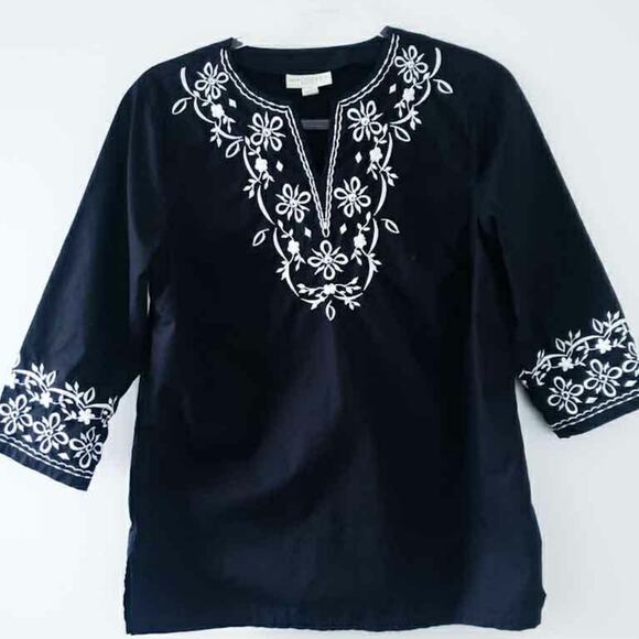 Appleseed's Tops - Appleseed's Black Tunic White Embroidery PS Petite, Cotton, 3/4 Sleeves, Neutral